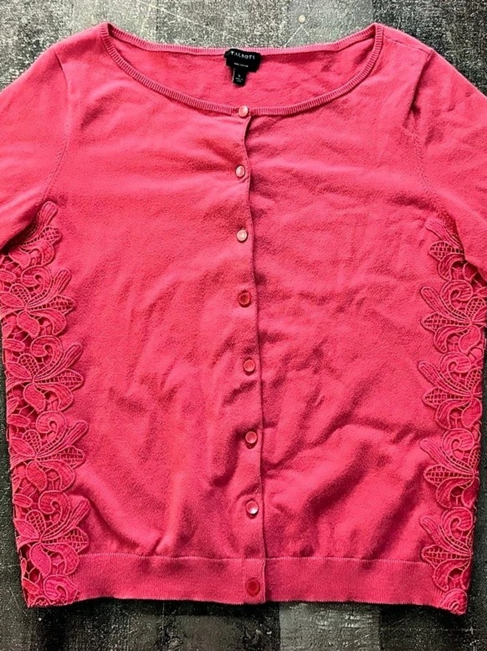 Talbots Pima Cotton Lace-Side Cardigan Pink Large